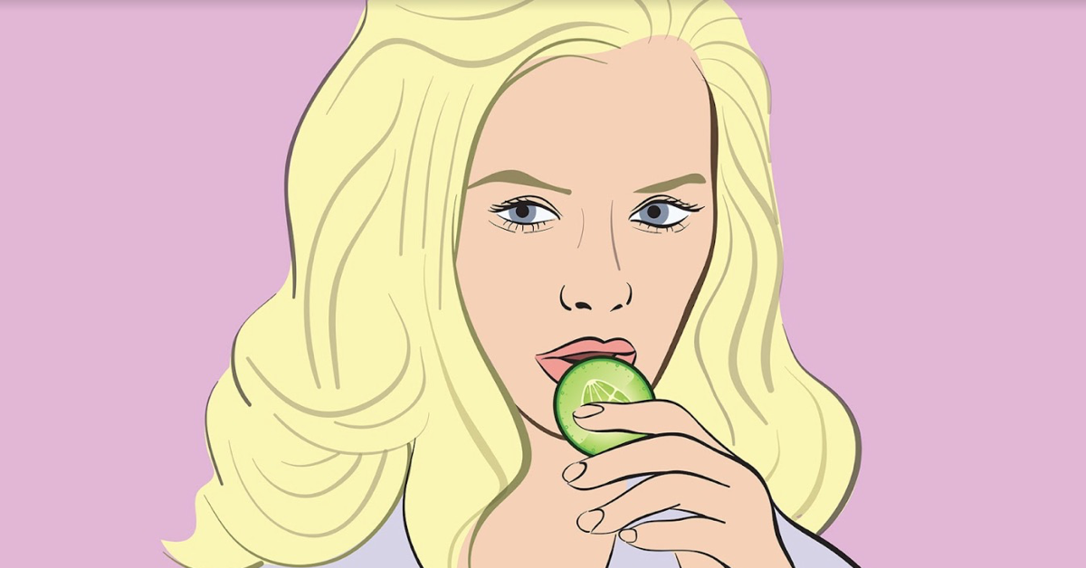 Eine Illustration einer blonden Frau isst eine Gurkenscheibe.