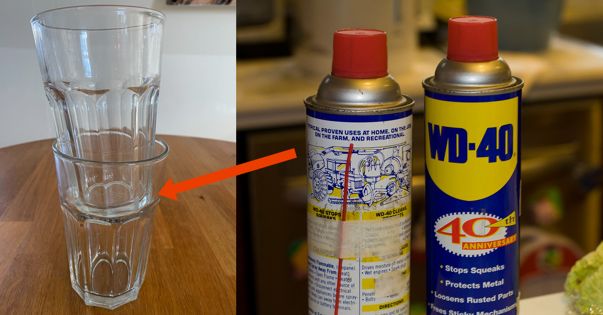 Doppelbild: Links zwei ineinander verkeilte Gläser. Rechts: Zwei Sprühdosen WD-40, die bei der Trennung der beiden Gläser voneinander helfen können.
