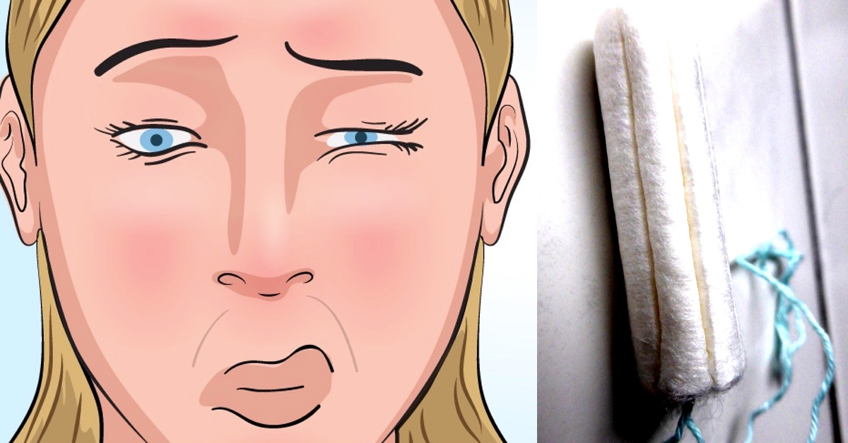 Eine Illustration einer niesenden Frau neben einem Foto von einem Tampon.