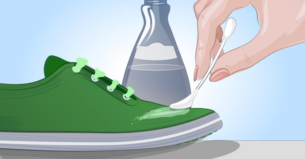 Die Grafik zeigt, wie ein Schuh mit Nagellackentferner gereinigt wird.