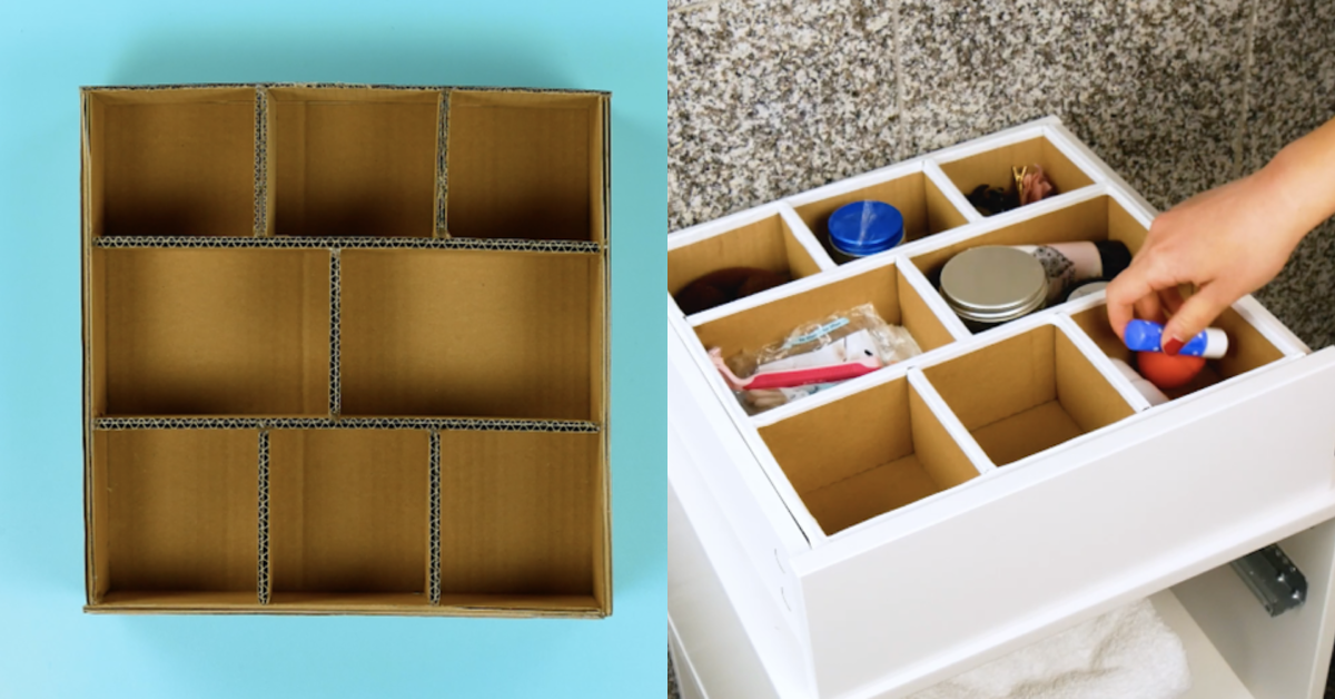 Links: Ein Karton mit FÃ¤chern aus Pappstreifen. Rechts: Der Karton als Organisationshelfer in einer Badezimmer-Schublade.