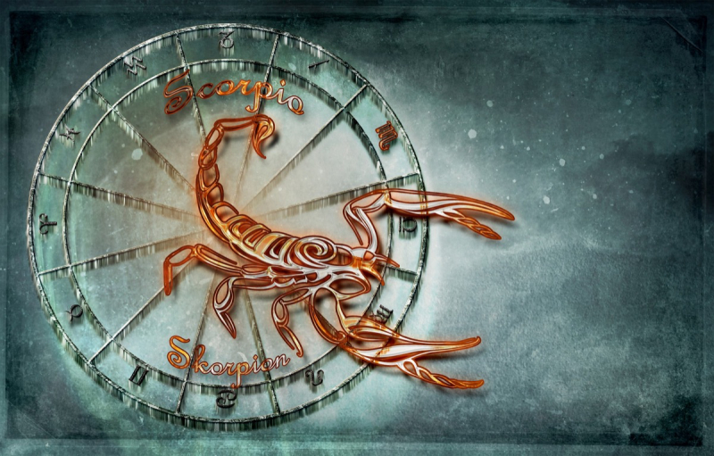 Die Illustration des Sternzeichens Skorpion über einem Tierkreiszeichen.