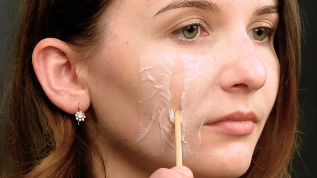 Frau schminkt sich mit Zellstoffpapier und Kleber eine Narbe ins Gesicht.