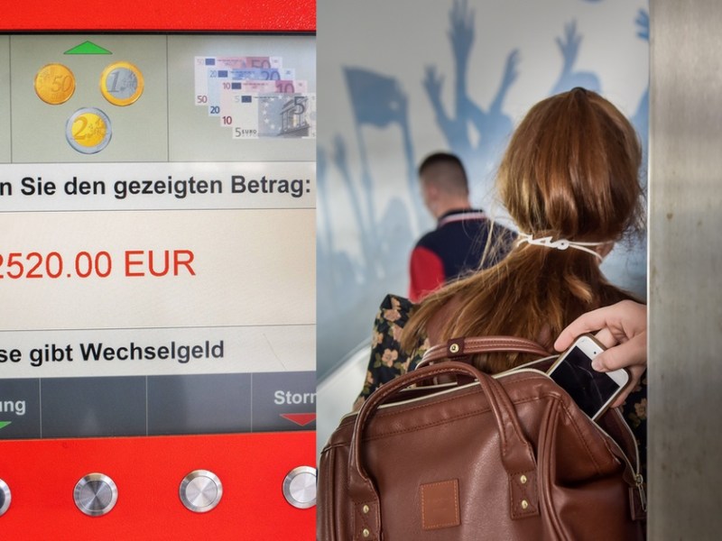 Links: Parkautomat mit 2520 Euro auf dem Bildschirm, Rechts: Einer Frau wird das Handy aus dem Rucksack geklaut