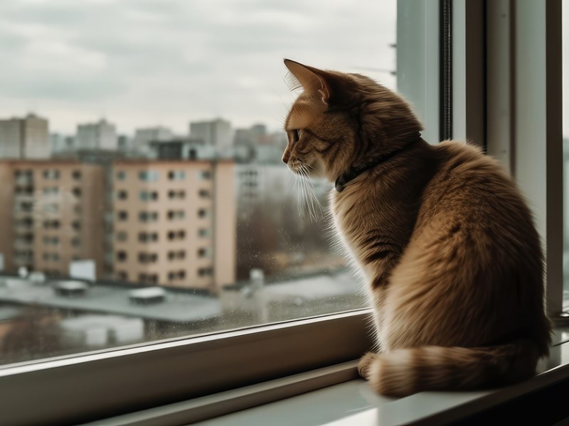 Eine helle Katze schaut aus dem Fenster
