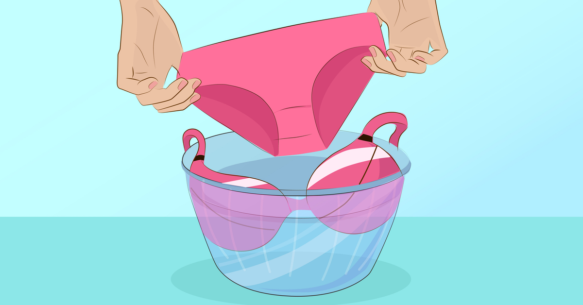 Eine Illustration, auf der ein rosa Bikini mit der Hand gewaschen wird.