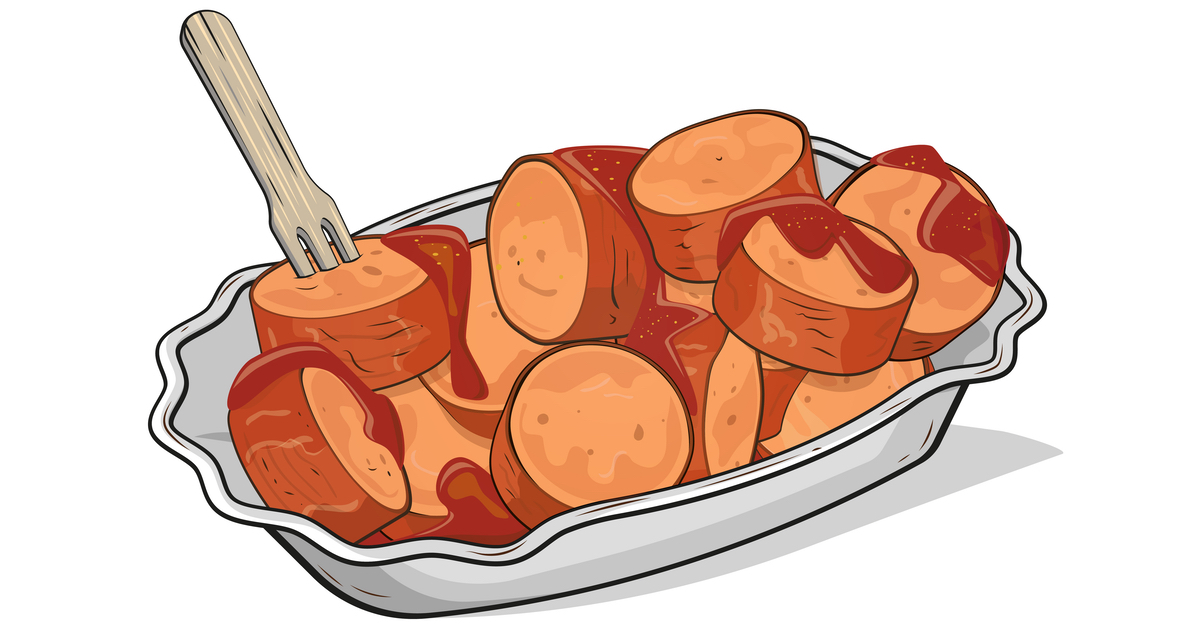 Eine Illustration einer Currywurst auf einem Pappteller mit Pieker.