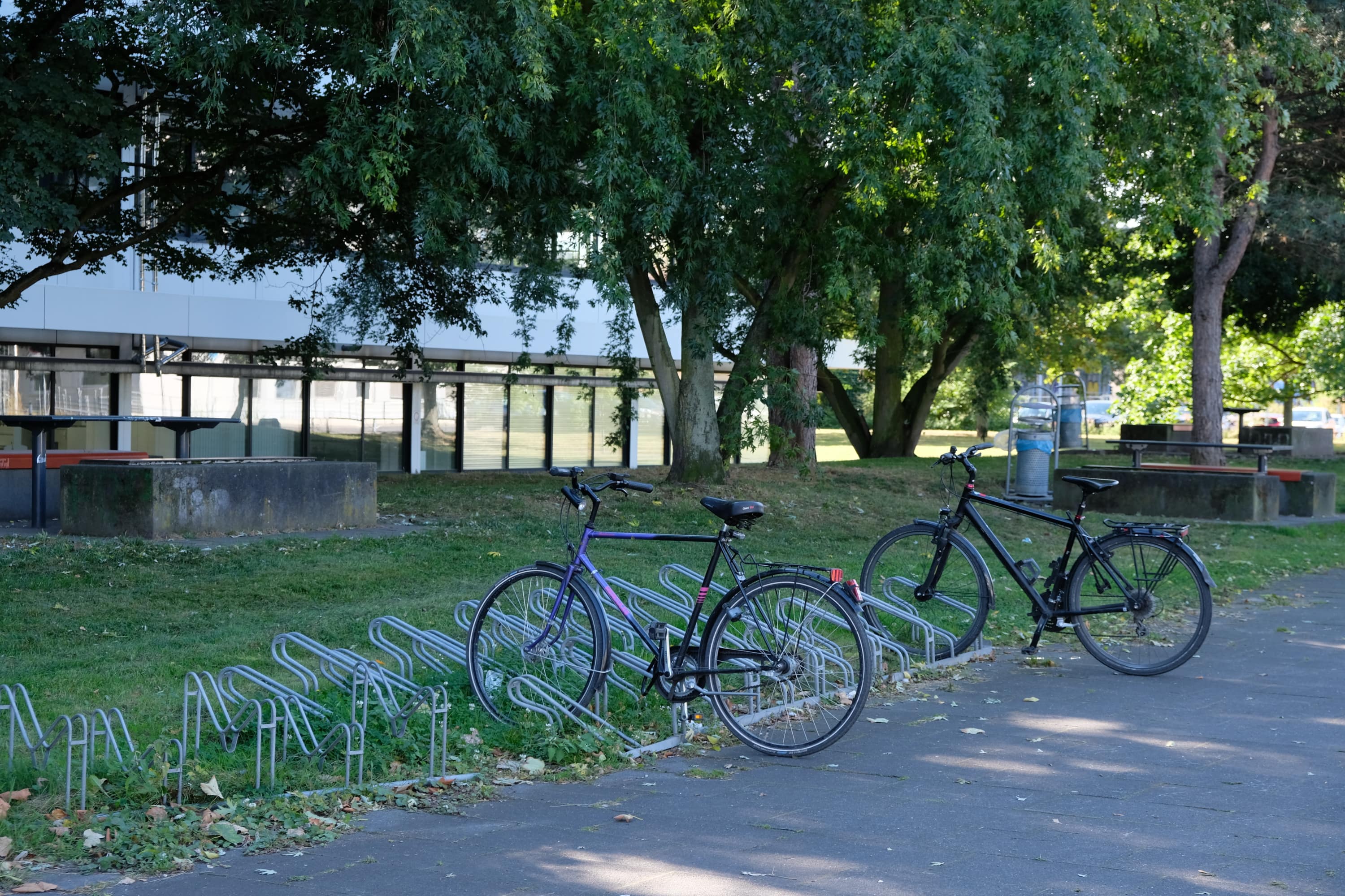 Fahrradständer Felgenkiller Zwei Fahrräder, die in einem öffentlichen Fahrradständer abgestellt wurden. Der sogenannte „Felgenkiller" macht jedoch die Reifen kaputt.