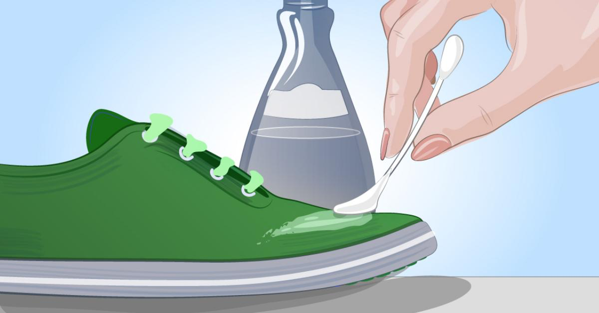 Nagellackentferner Die Grafik zeigt, wie ein Schuh mit Nagellackentferner gereinigt wird.