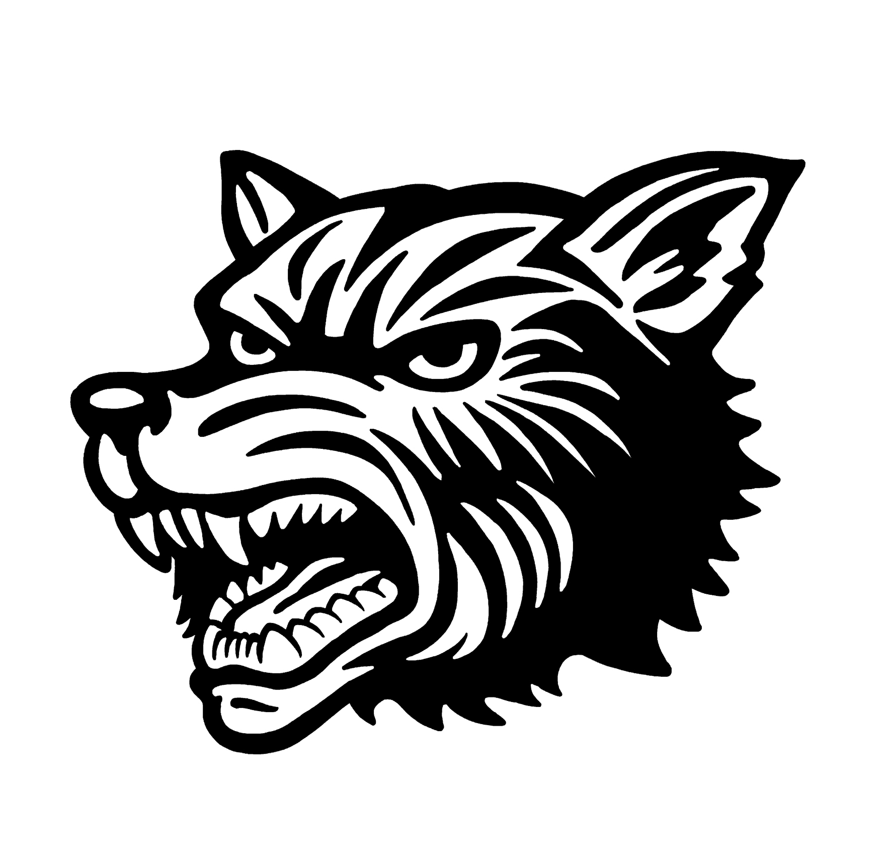 Die schwarz-weiße Illustration eines zähnefletschenden Wolfs.
