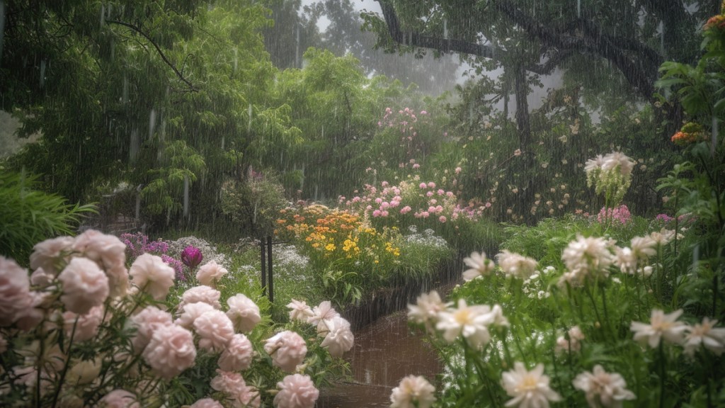 Ein blumiger Garten, in dem es stark regnet.