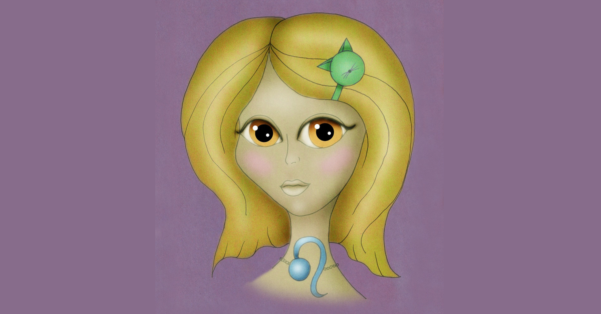 Eine Illustration einer blonden Frau vor lila Hintergrund. Sie trÃ¤gt eine LÃ¶wen-Spange im Haar und das Astrologie-Zeichen LÃ¶we um den Hals.