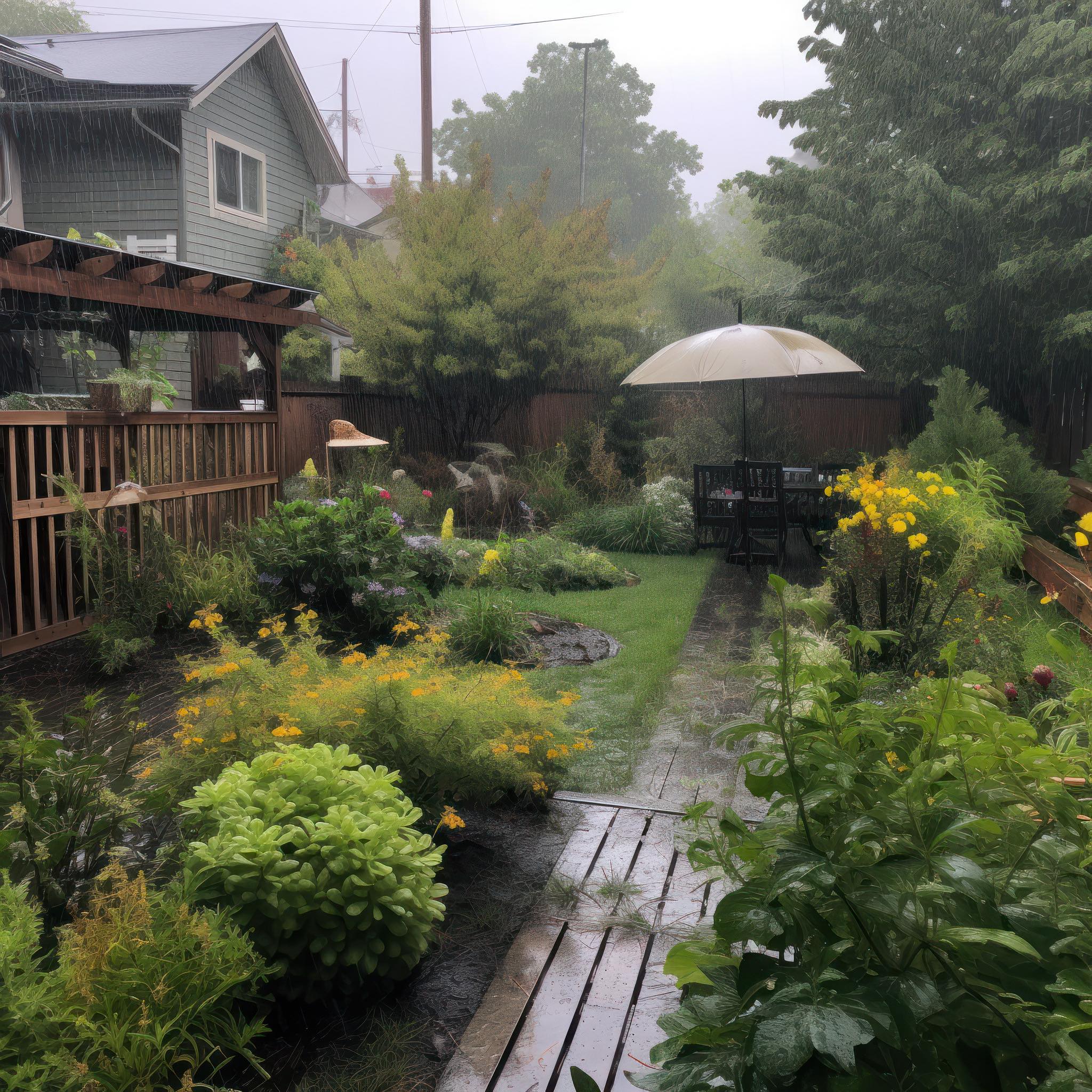 Starkregen in einem Garten. So kannst du den Garten vor und nach einem Unwetter schÃ¼tzen.