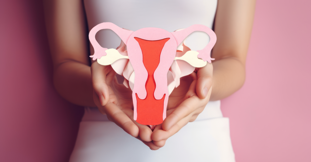 Eine Frau hält sich ein Modell eines Uterus vor den Bauch.