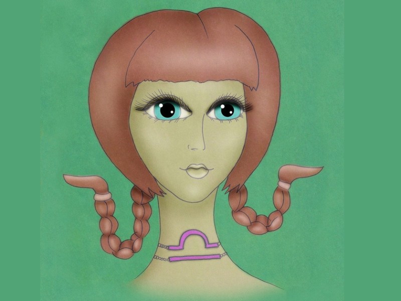 Die Illustration einer braunhaarigen Frau vor einem dunkelgrünen Hintergrund. Um den Hals trägt sie das astrologische Waage-Zeichens.
