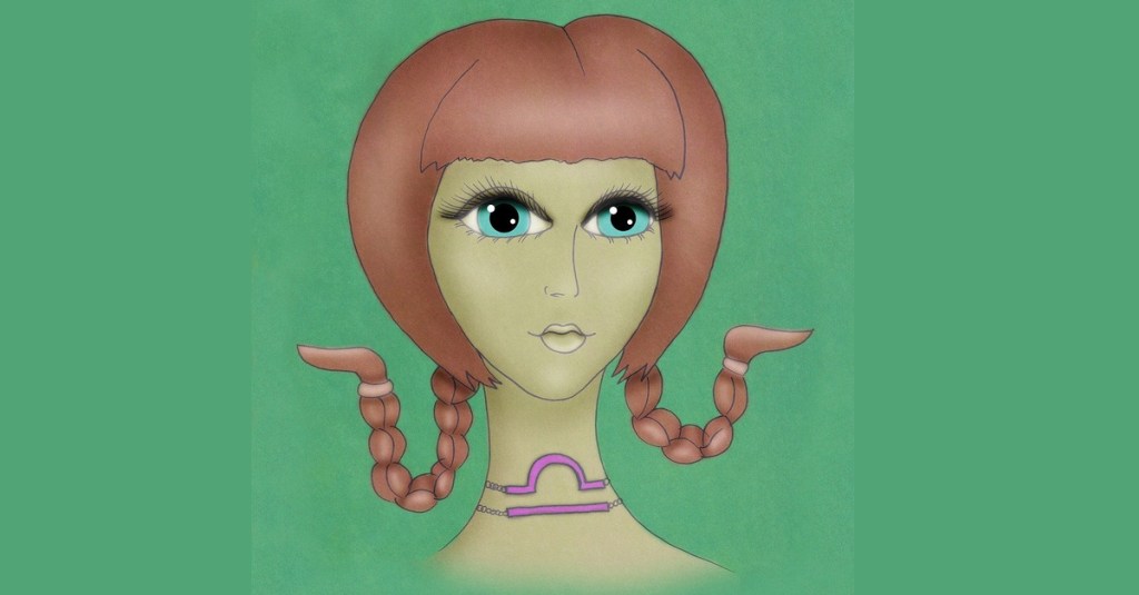 Die Illustration einer braunhaarigen Frau vor einem dunkelgrünen Hintergrund. Um den Hals trägt sie das astrologische Waage-Zeichens.