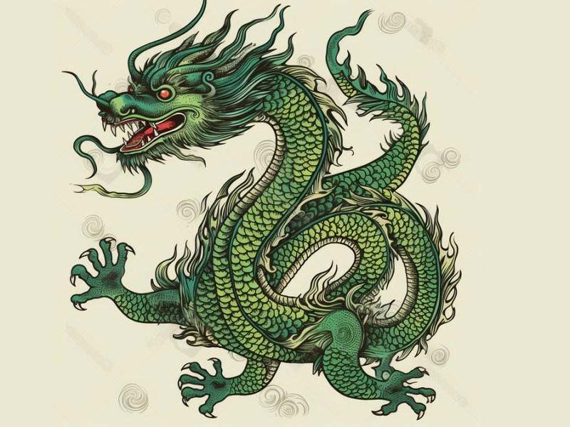Die Illustration eines grünen Drachens mit roten Augen.