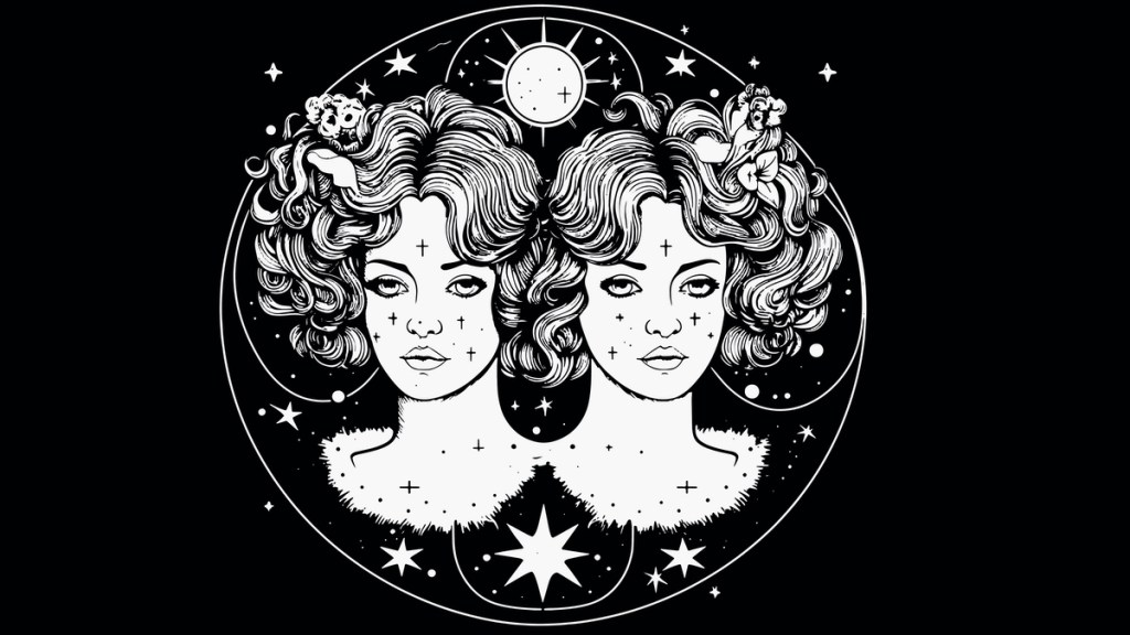Eine schwarz-weiße Illustration des Sternzeichens Zwilling.
