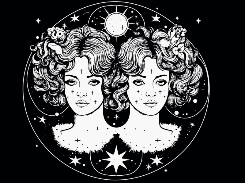 Eine schwarz-weiße Illustration des Sternzeichens Zwilling.
