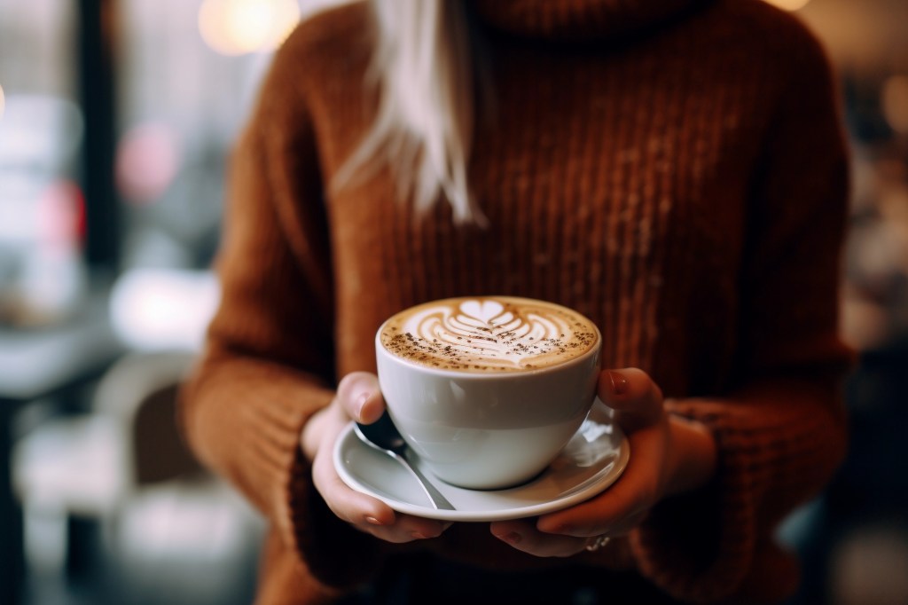 Eine Frau in braunem Pulli zeigt einen Milchkaffee in die Kamera.
