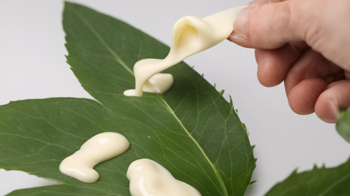 Mayonnaise wird auf ein Pflanzenblatt geschmiert.