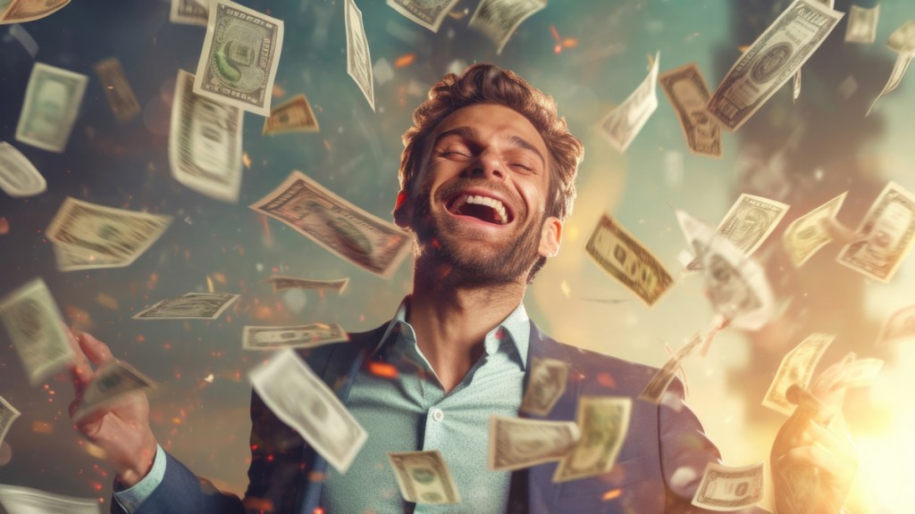 Ein Mann freut sich über umherfliegende Geldscheine.