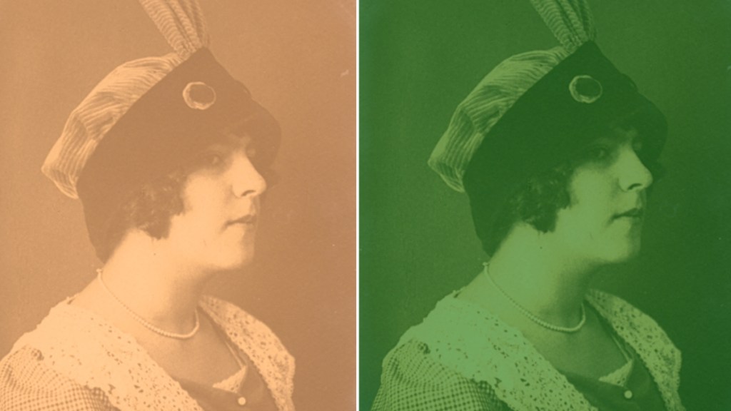 Das gleiche Bild einer Frau aus dem 20. Jahrhundert, links mit einem orangen Filter und rechts mit einem grünen Filter darüber.