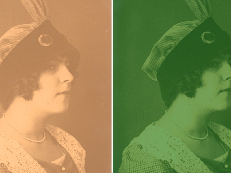 Das gleiche Bild einer Frau aus dem 20. Jahrhundert, links mit einem orangen Filter und rechts mit einem grünen Filter darüber.