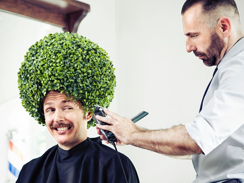 Ein Friseur schneidet die Haare eines Kunden, der Haare wie ein Busch aussehen.
