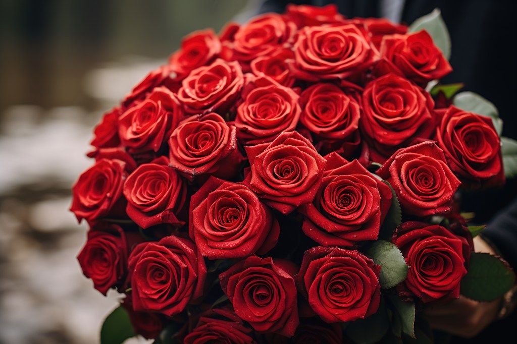 Großer Strauß mit roten Rosen.