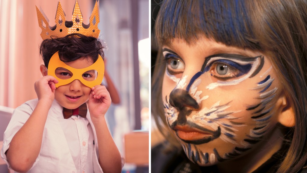 links: Ein Junge hält sich eine gelbe Maske vors Gesicht, rechts: Ein Mädchen mit aufgemaltem Tigergesicht.