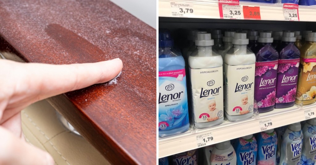 ein Finger, der eine Staubschicht auf einem Schrank verwischt und Weichspüler