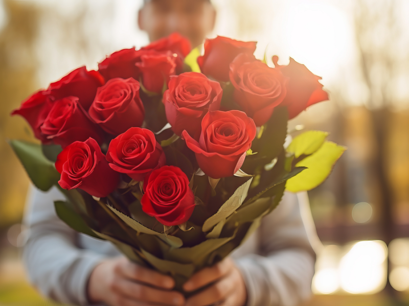 Valentinstag: Mann hält einen Strauß mit Rosen in der Hand.