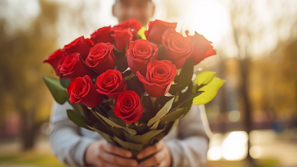 Valentinstag: Mann hält einen Strauß mit Rosen in der Hand.