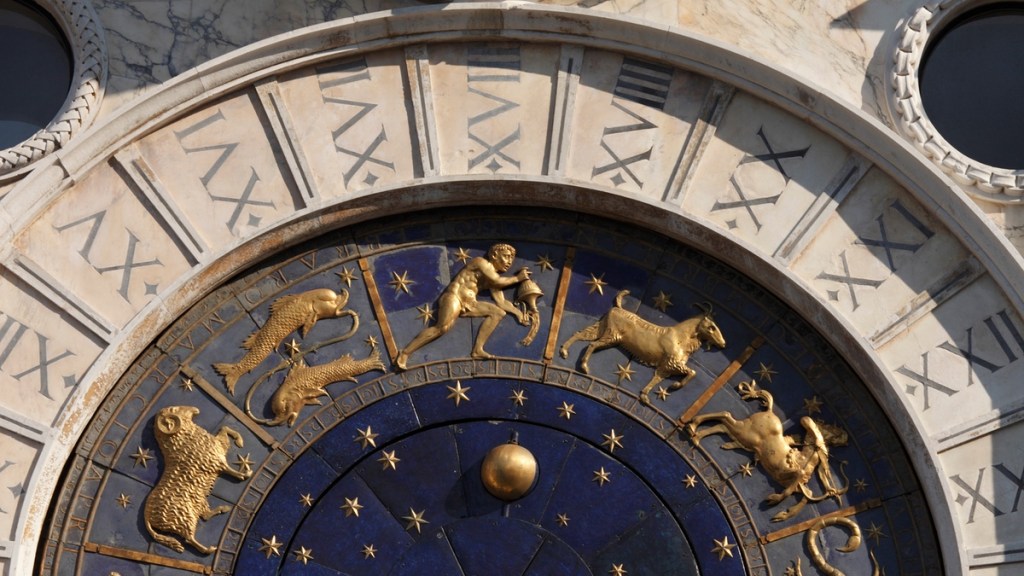 Eine astronomische Uhr mit den zwölf Sternzeichen.