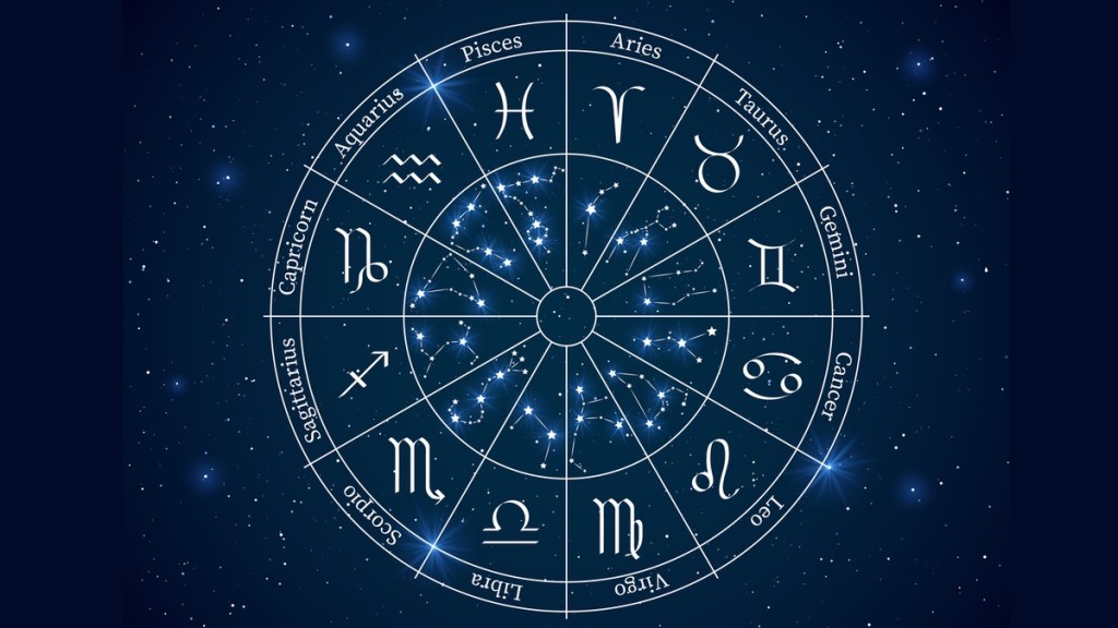 Die Illustration der Sternzeichen auf blauem Hintergrund.
