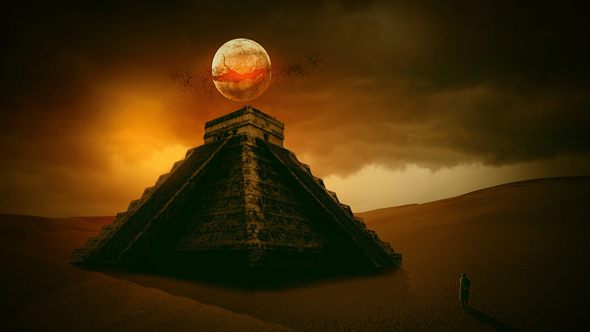 Die Illustration einer Maya-Pyramide, hinter der der Mond aufgeht.