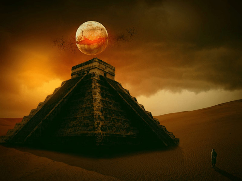 Die Illustration einer Maya-Pyramide, hinter der der Mond aufgeht.