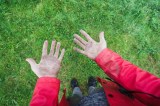 Foto von dreckigen Händen nach Gartenarbeit vor einem Rasen.
