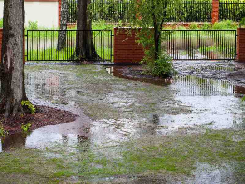 Ein überfluteter Garten nach Starkregen.