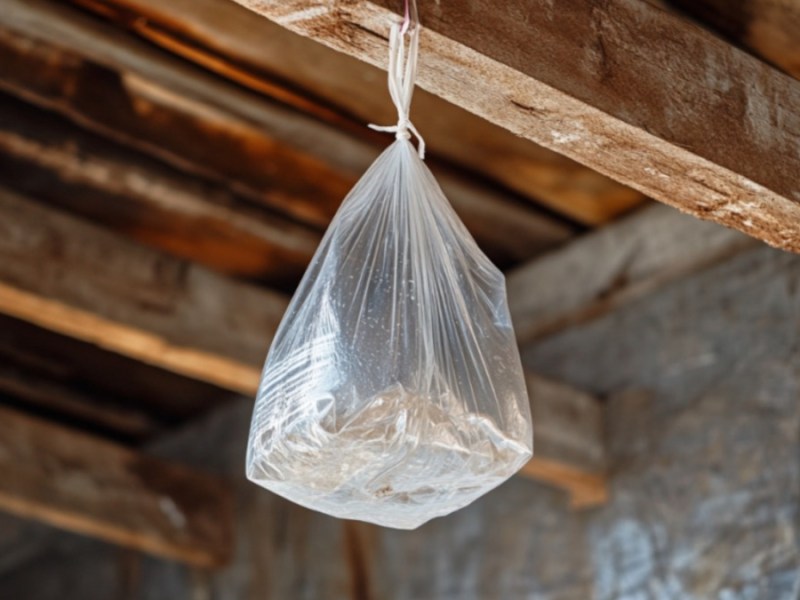 Ein mit Wasser gefüllter Plastikbeutel hängt an einem Holzbalken.