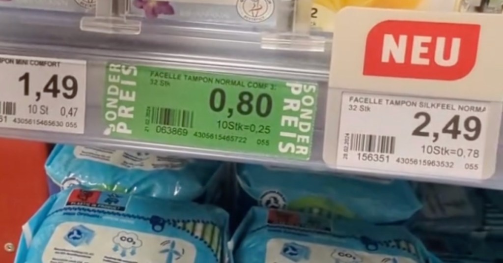 Spar-Trick bei Rossmann: grüne Etiketten am Regal