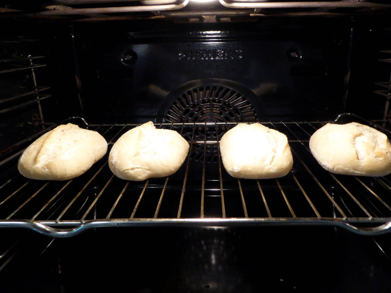 4 Brötchen liegen auf einer Backschiene im Ofen.