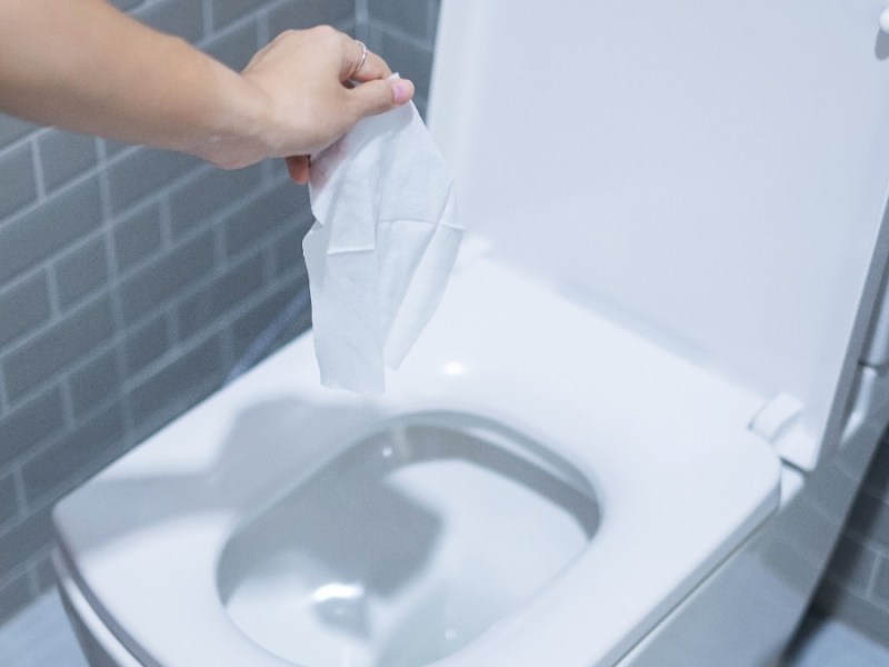 eine Frauenhand hält ein Feuchttuch über eine Toilette