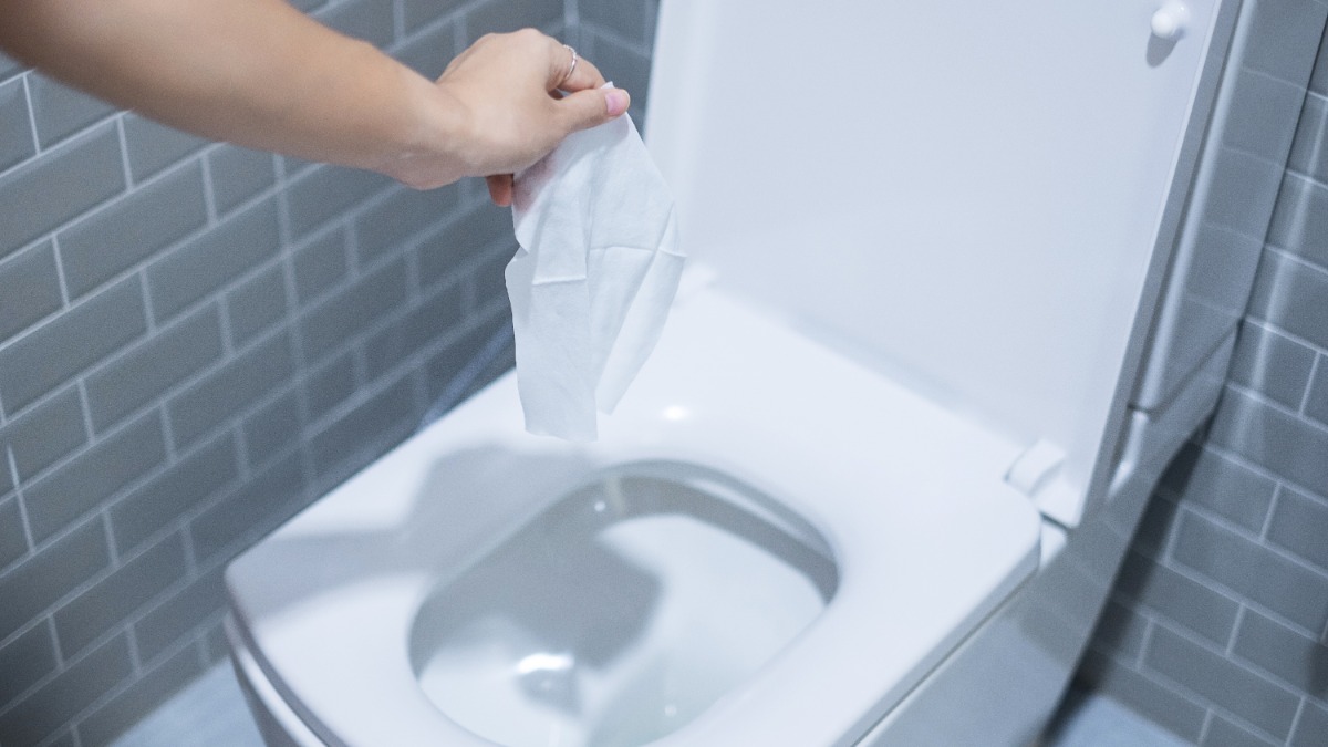 eine Frauenhand hält ein Feuchttuch über eine Toilette