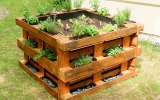 Ein Hochbeet, das aus Paletten gebaut wurde, steht in einem Garten.
