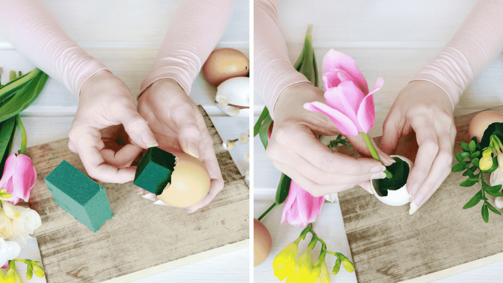 Eierschachteln mit Ostereiern Blumen dekorieren, Steckschaum