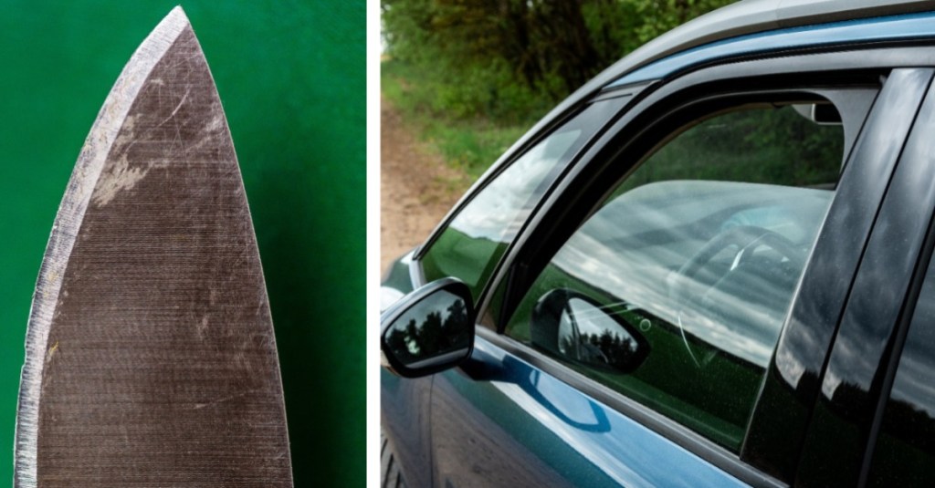 Messer schärfen Hausmittel: ein Doppelbild mit einer abgenutzten Messerklinge und einem geöffneten Autofenster