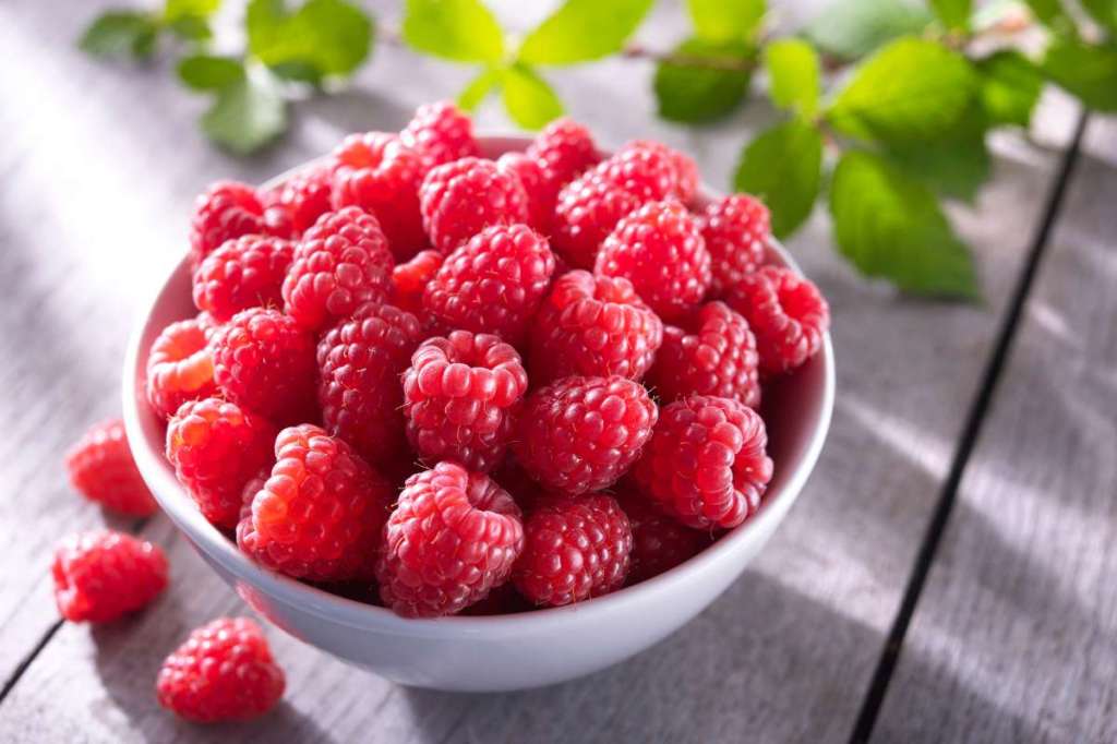 Eine Schüssel mit frischen Himbeeren steht auf einem Tisch.