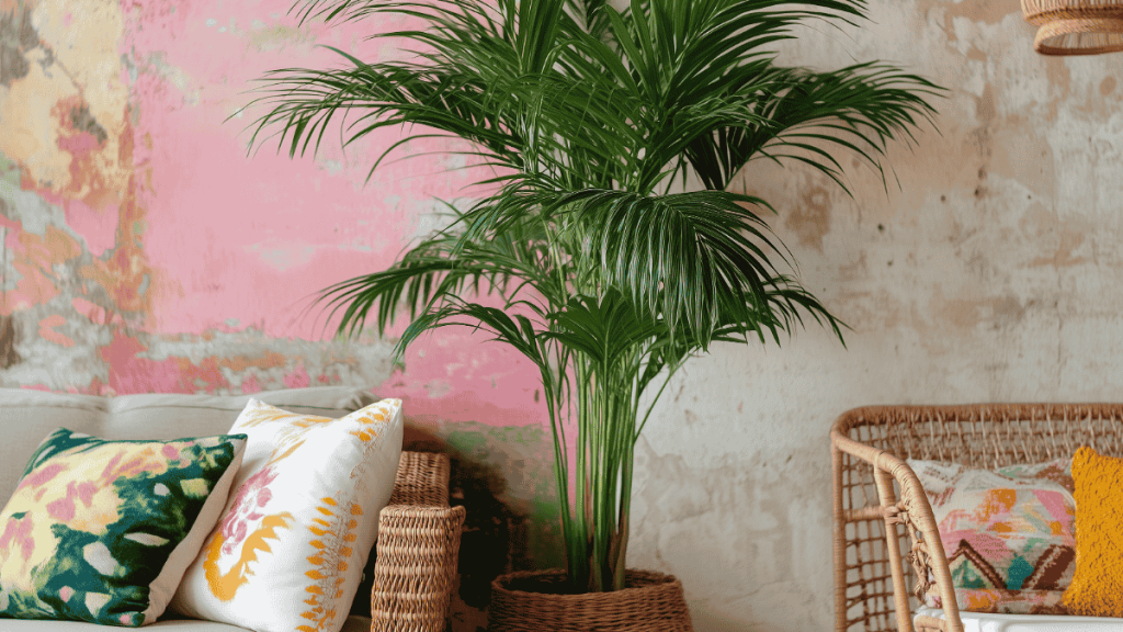 Kentia Palme im geflochtenen Übertopf vor einer rosa Wand